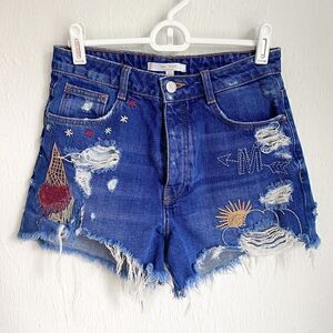 Zara Embroidered Ice Cream Denim Shorts High Rise Button Fly Cut offs US 2